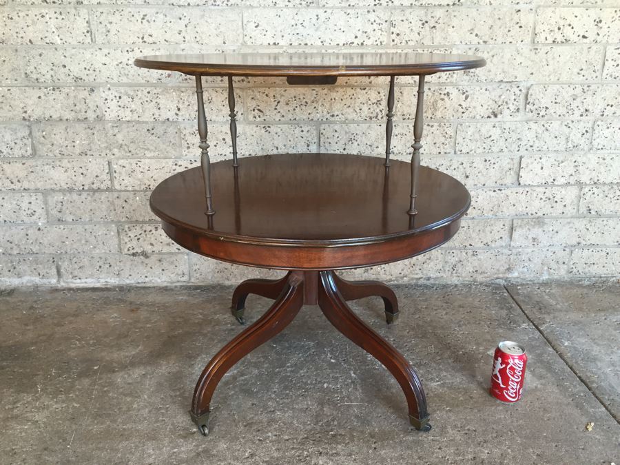 Vintage 2-Tier Wood And Brass Pedestal Table On Casters [Photo 2]