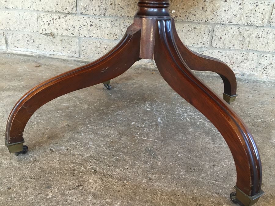 Vintage 2-Tier Wood And Brass Pedestal Table On Casters [Photo 8]