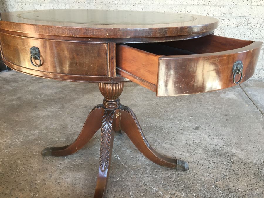 Stunning Leather Top Drum Pedestal Table With Drawer And Claw Feet [Photo 18]