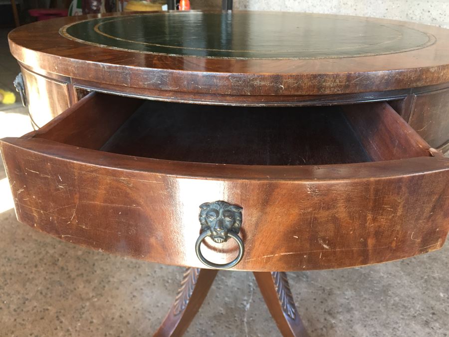 Stunning Leather Top Drum Pedestal Table With Drawer And Claw Feet