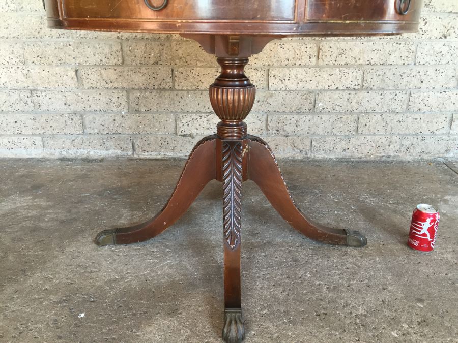 Stunning Leather Top Drum Pedestal Table With Drawer And Claw Feet [Photo 4]