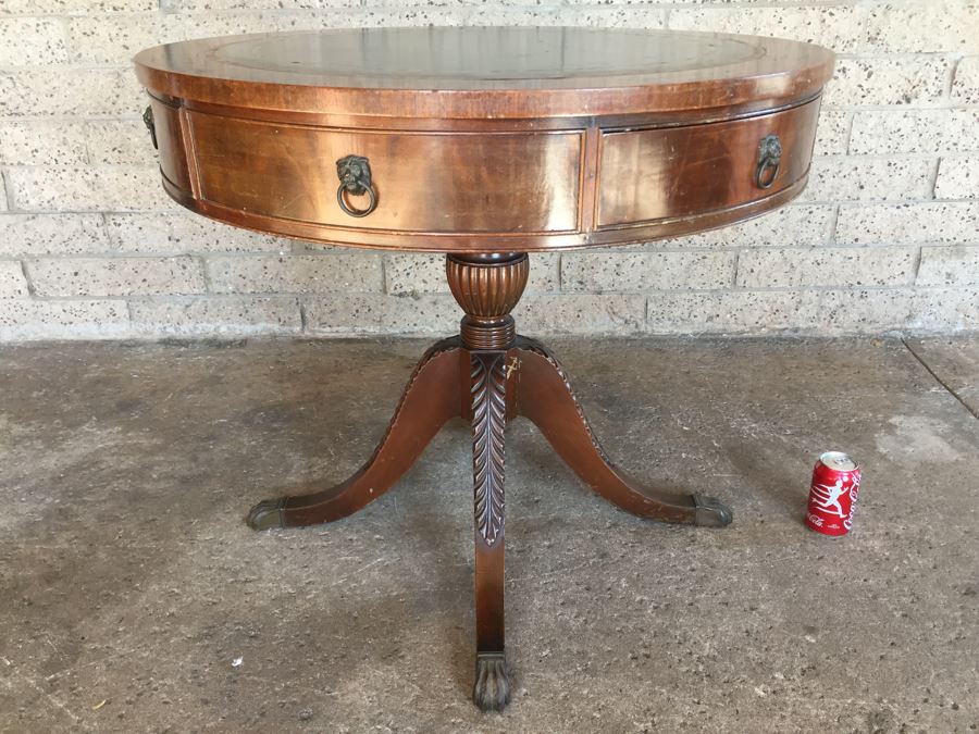 Stunning Leather Top Drum Pedestal Table With Drawer And Claw Feet