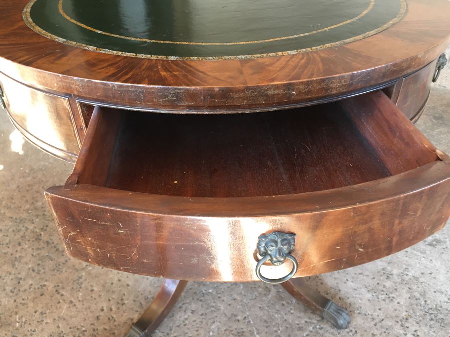 Stunning Leather Top Drum Pedestal Table With Drawer And Claw Feet [Photo 17]