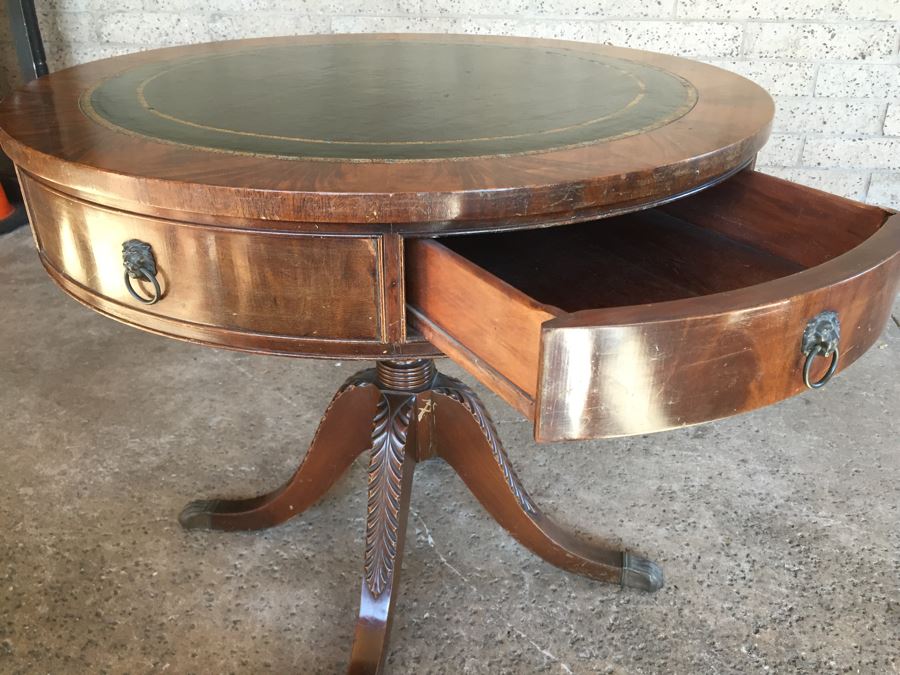 Stunning Leather Top Drum Pedestal Table With Drawer And Claw Feet [Photo 2]