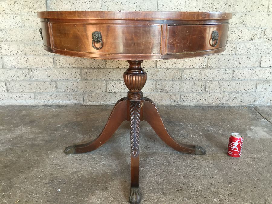Stunning Leather Top Drum Pedestal Table With Drawer And Claw Feet [Photo 5]