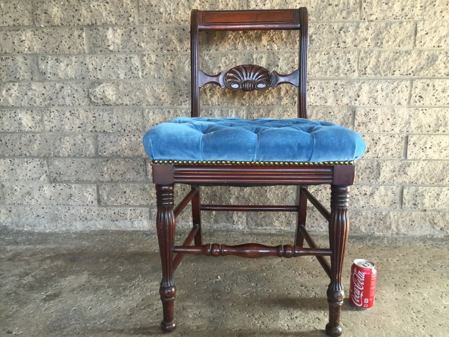 Heavy Carved Mahogany Chair With Tufted Seat And Brass Nails [Photo 6]
