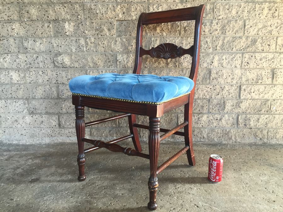 Heavy Carved Mahogany Chair With Tufted Seat And Brass Nails [Photo 2]