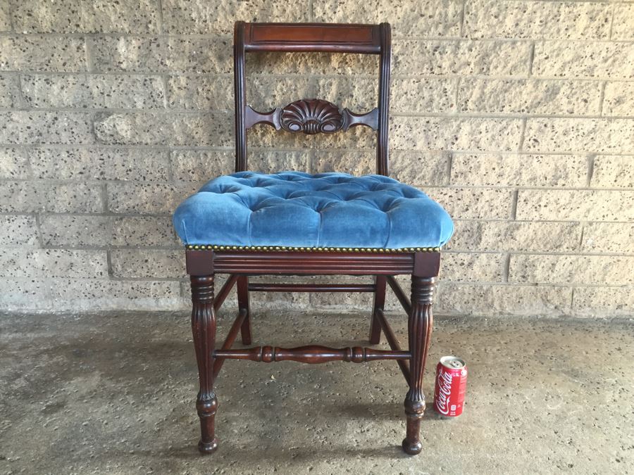Heavy Carved Mahogany Chair With Tufted Seat And Brass Nails