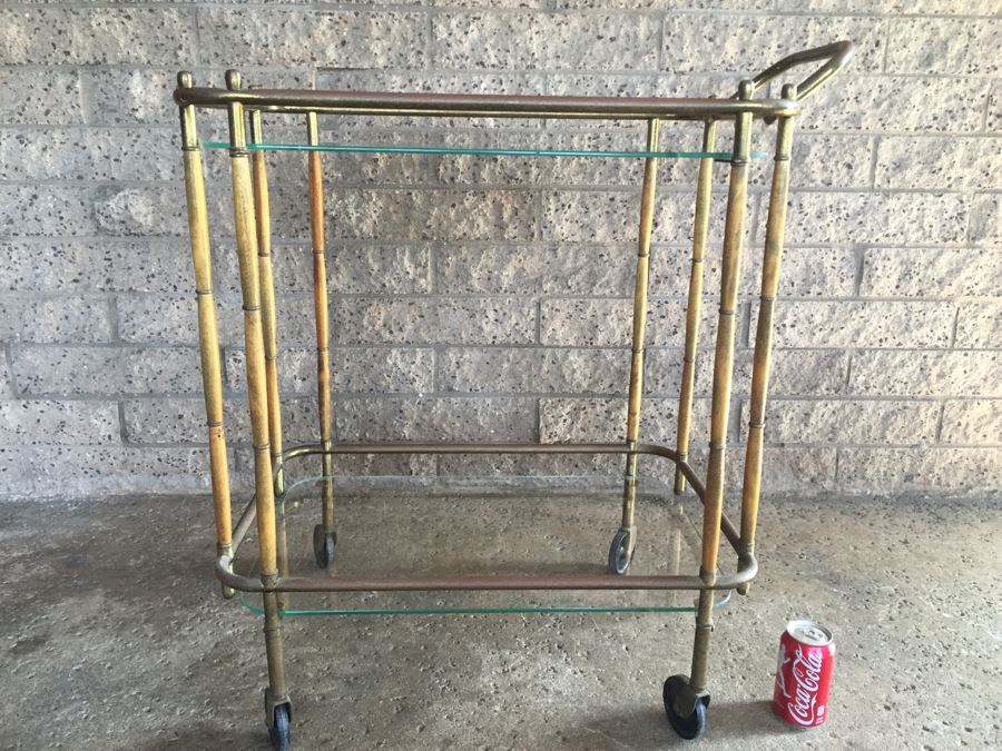 Nice Hollywood Regency Bar Cart With Wood And Brass Bamboo Features