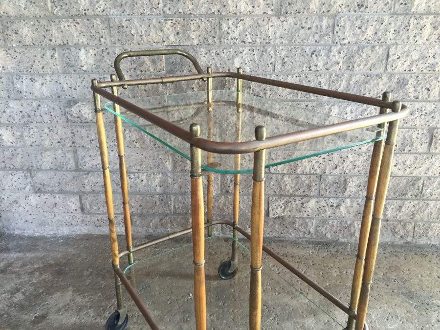 Nice Hollywood Regency Bar Cart With Wood And Brass Bamboo Features [Photo 9]