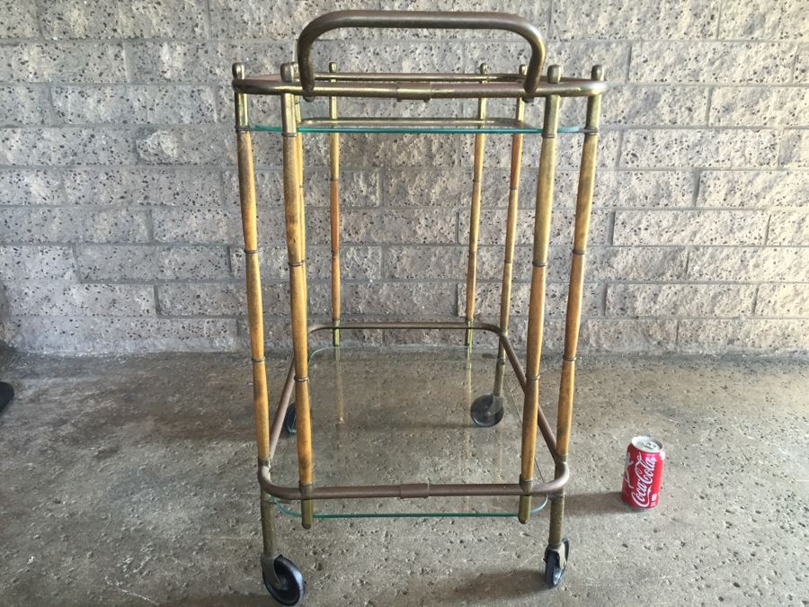 Nice Hollywood Regency Bar Cart With Wood And Brass Bamboo Features [Photo 4]