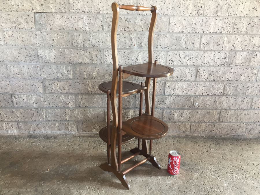 Vintage 4 Tier Wooden Folding Pie Cake Plant Dessert Stand Table Rack [Photo 4]