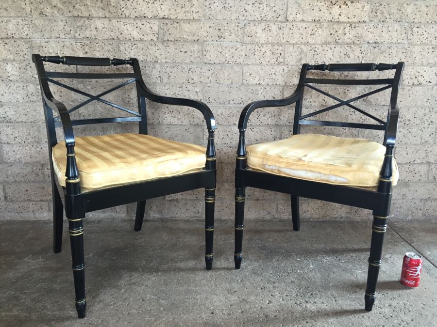 Pair Of Vintage Black Armchairs With Silk Seating [Photo 2]