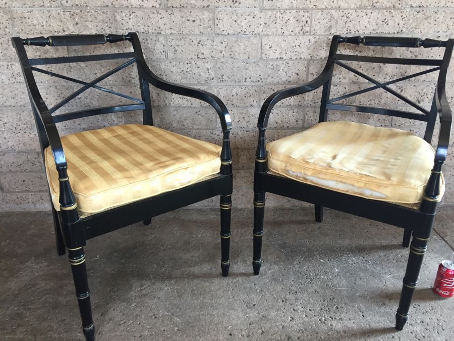 Pair Of Vintage Black Armchairs With Silk Seating [Photo 7]