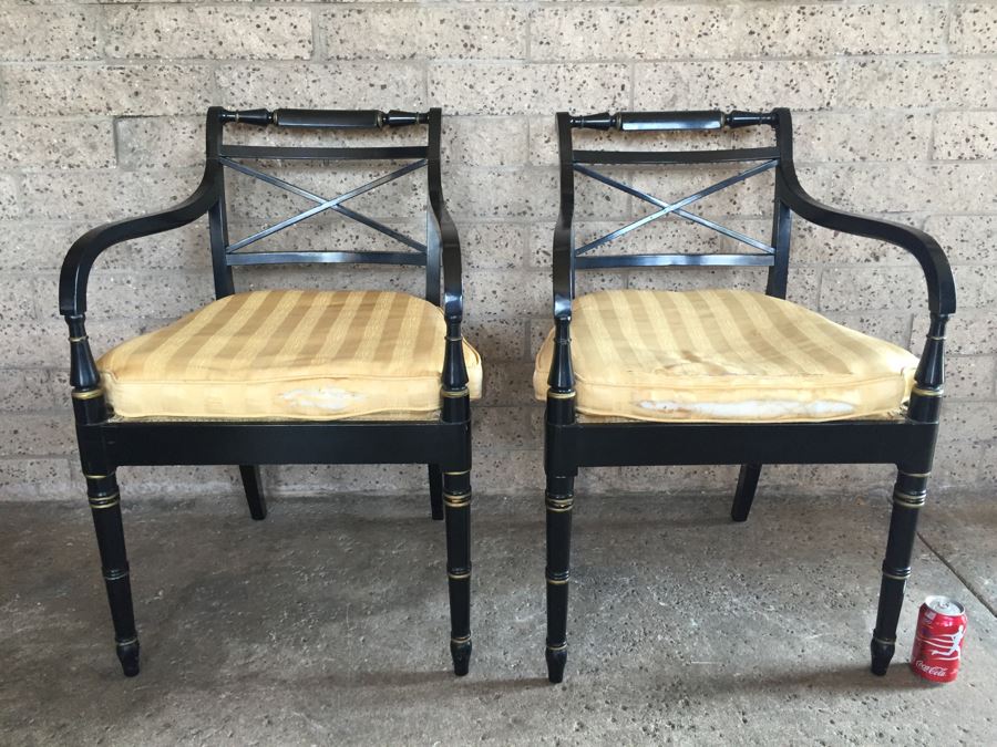 Pair Of Vintage Black Armchairs With Silk Seating