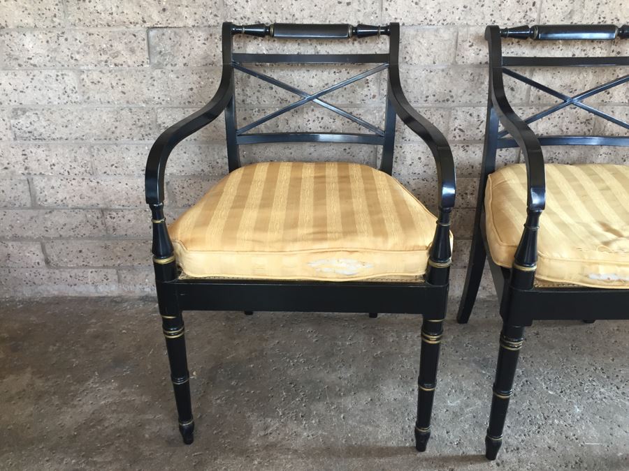 Pair Of Vintage Black Armchairs With Silk Seating [Photo 5]