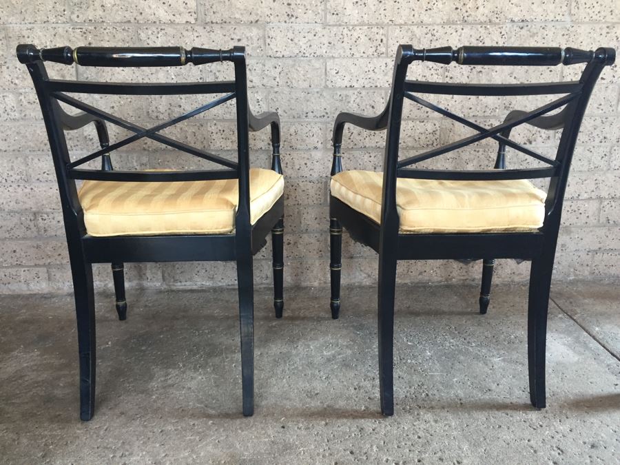 Pair Of Vintage Black Armchairs With Silk Seating [Photo 3]