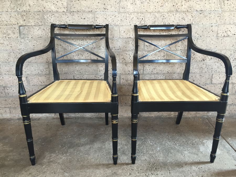 Pair Of Vintage Black Armchairs With Silk Seating [Photo 10]