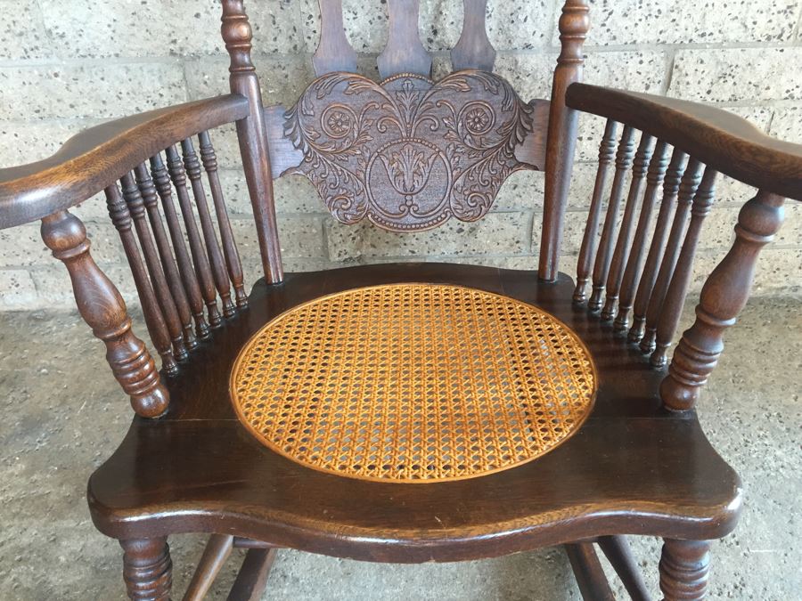Nice Antique Cane Seat Rocking Chair With Dragon And Floral Motif Carvings [Photo 3]