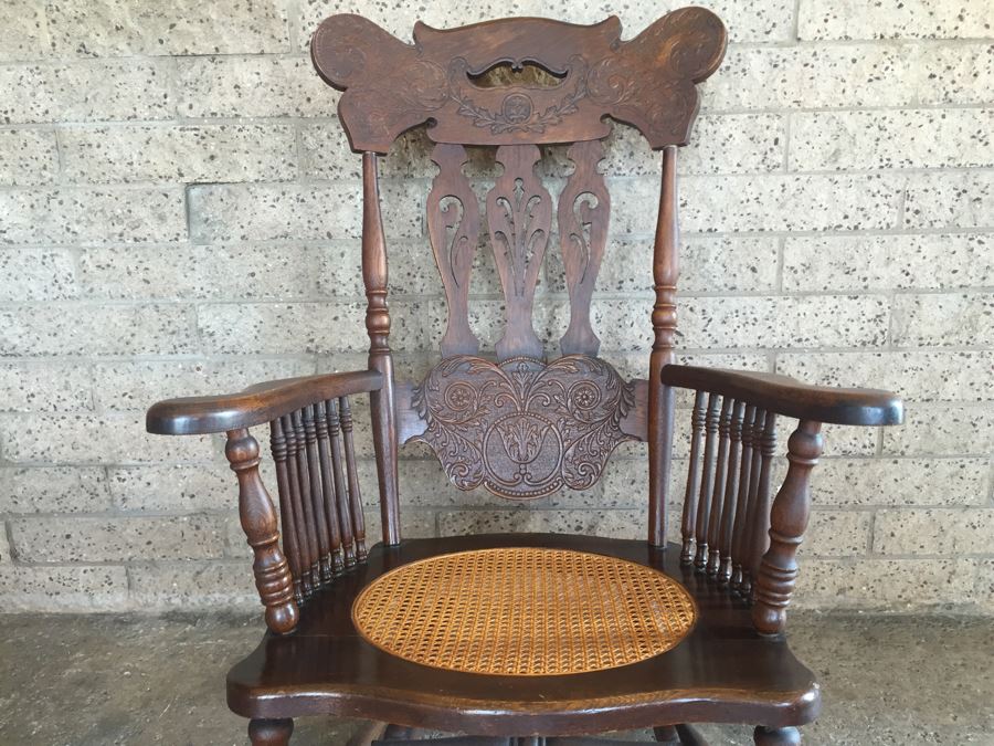 Nice Antique Cane Seat Rocking Chair With Dragon And Floral Motif Carvings [Photo 5]