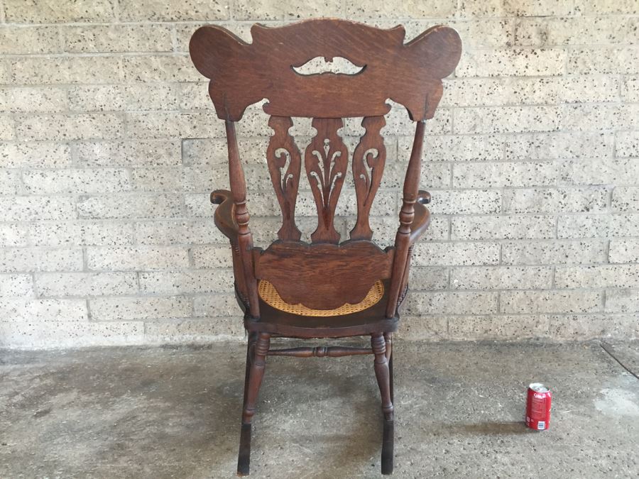 Nice Antique Cane Seat Rocking Chair With Dragon And Floral Motif Carvings [Photo 15]