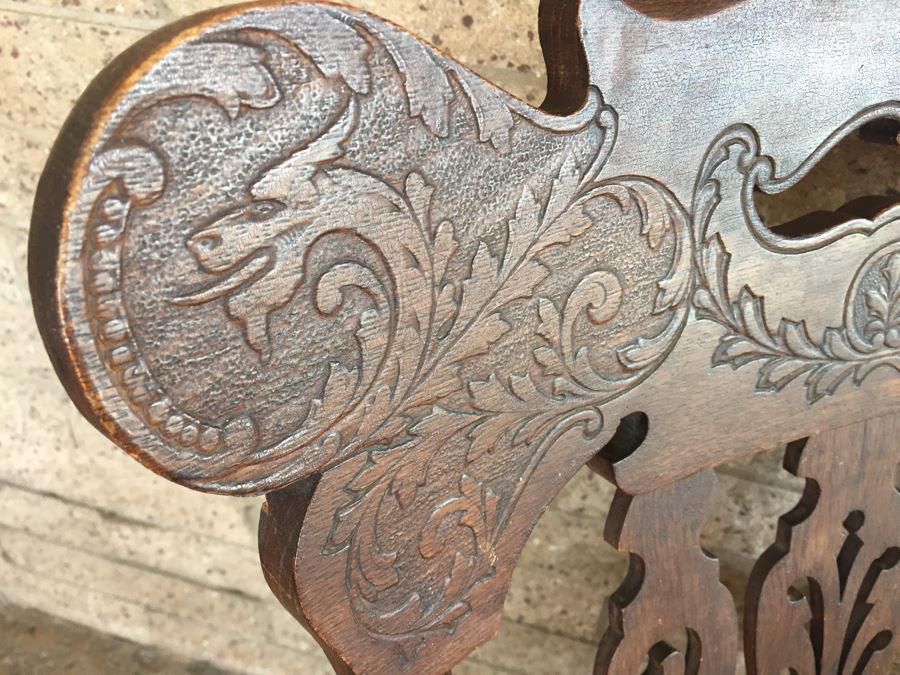 Nice Antique Cane Seat Rocking Chair With Dragon And Floral Motif Carvings [Photo 2]