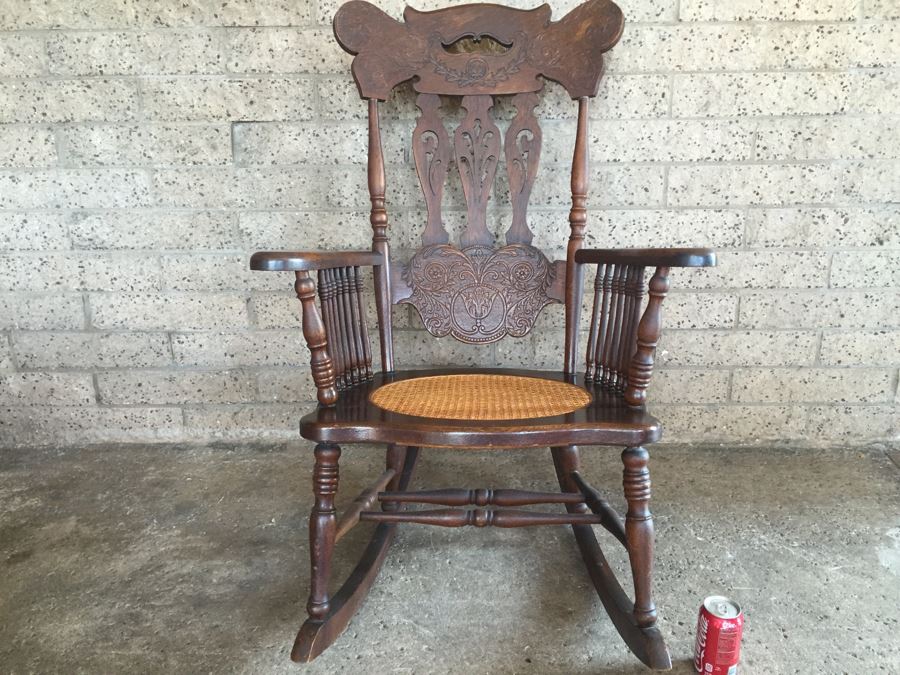 Nice Antique Cane Seat Rocking Chair With Dragon And Floral Motif Carvings [Photo 4]