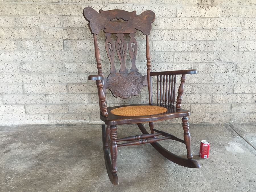 Nice Antique Cane Seat Rocking Chair With Dragon And Floral Motif Carvings [Photo 17]