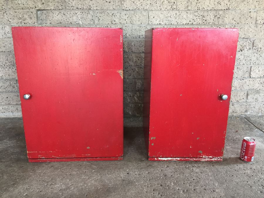 Pair Of Wooden Cabinets Painted Red - Genuine NASCO Product Manufactured By Nathan Shectman [Photo 1]