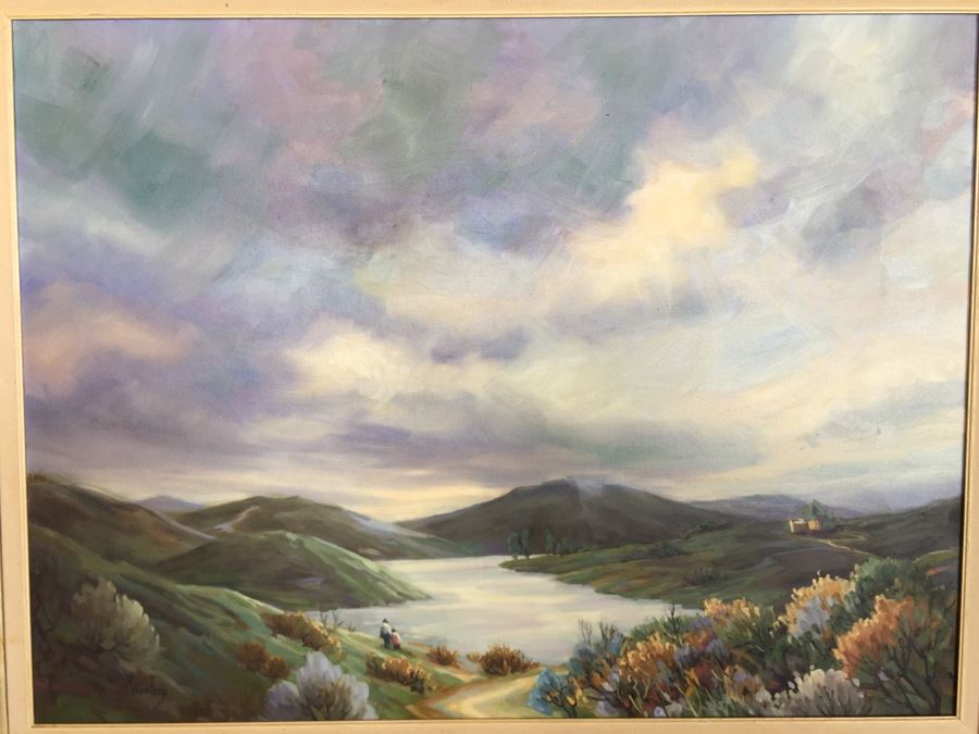 Impressive Plein Air Original Oil Painting By June Woolsey Titled 'Lake Hodges - After The Rain' Local 35' x 45' [Photo 3]