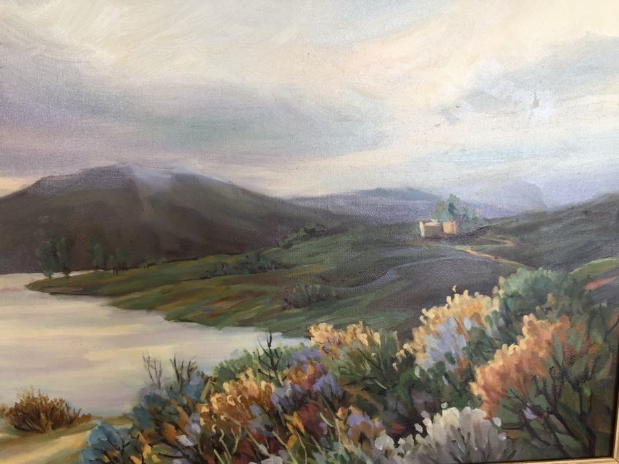 Impressive Plein Air Original Oil Painting By June Woolsey Titled 'Lake Hodges - After The Rain' Local 35' x 45' [Photo 9]
