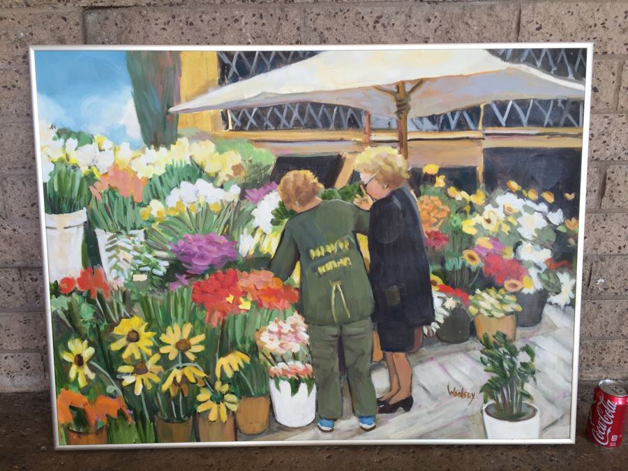Original Oil Painting By June Woolsey Titled 'Flower Stand - Rome' 30' x 40'