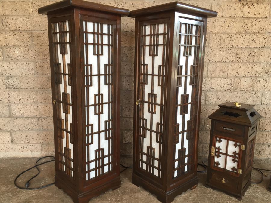 Nice Set Of 4 Korean Wooden Lamps Lanterns With Rice Paper Lattice Pattern [Photo 13]