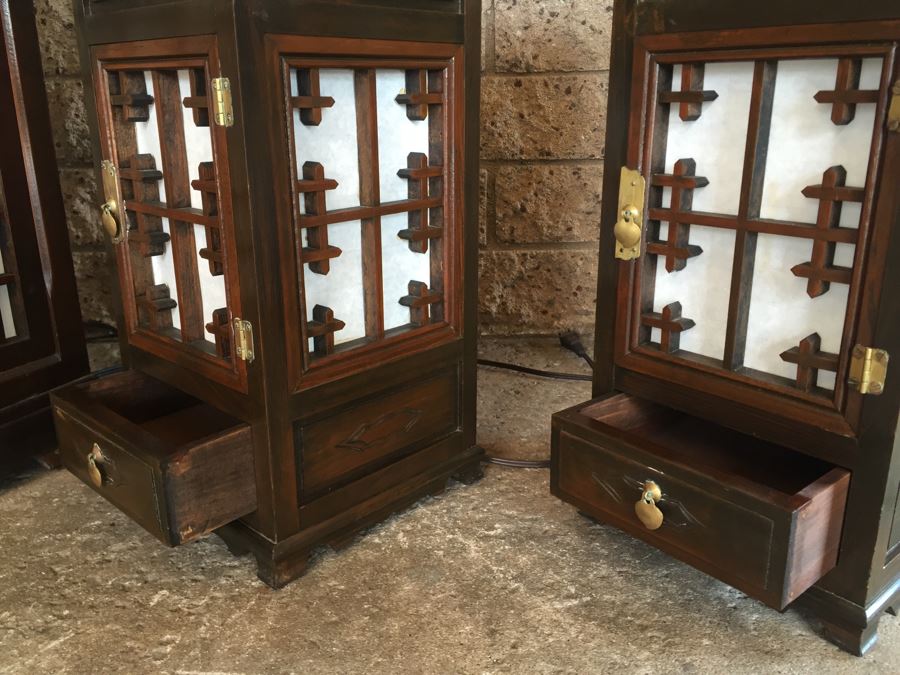 Nice Set Of 4 Korean Wooden Lamps Lanterns With Rice Paper Lattice Pattern [Photo 11]