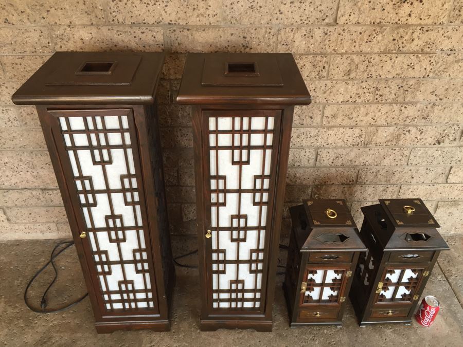 Nice Set Of 4 Korean Wooden Lamps Lanterns With Rice Paper Lattice Pattern [Photo 5]