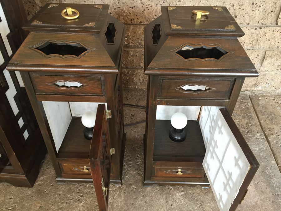 Nice Set Of 4 Korean Wooden Lamps Lanterns With Rice Paper Lattice Pattern [Photo 9]