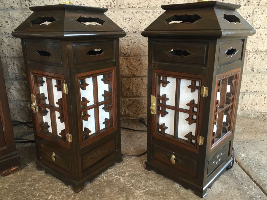 Nice Set Of 4 Korean Wooden Lamps Lanterns With Rice Paper Lattice Pattern [Photo 14]
