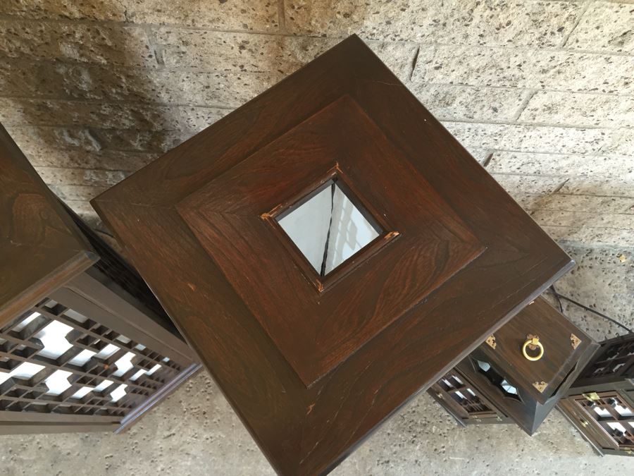 Nice Set Of 4 Korean Wooden Lamps Lanterns With Rice Paper Lattice Pattern [Photo 16]