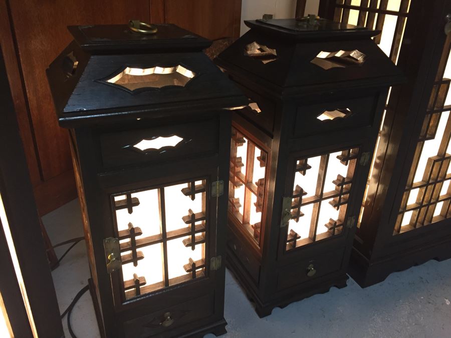 Nice Set Of 4 Korean Wooden Lamps Lanterns With Rice Paper Lattice Pattern [Photo 18]