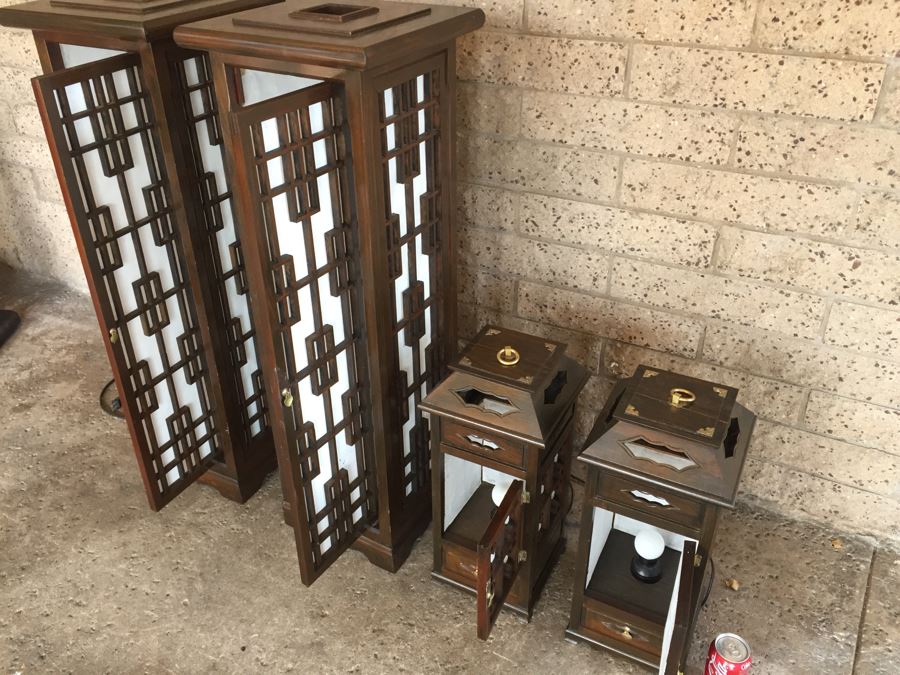 Nice Set Of 4 Korean Wooden Lamps Lanterns With Rice Paper Lattice Pattern [Photo 10]