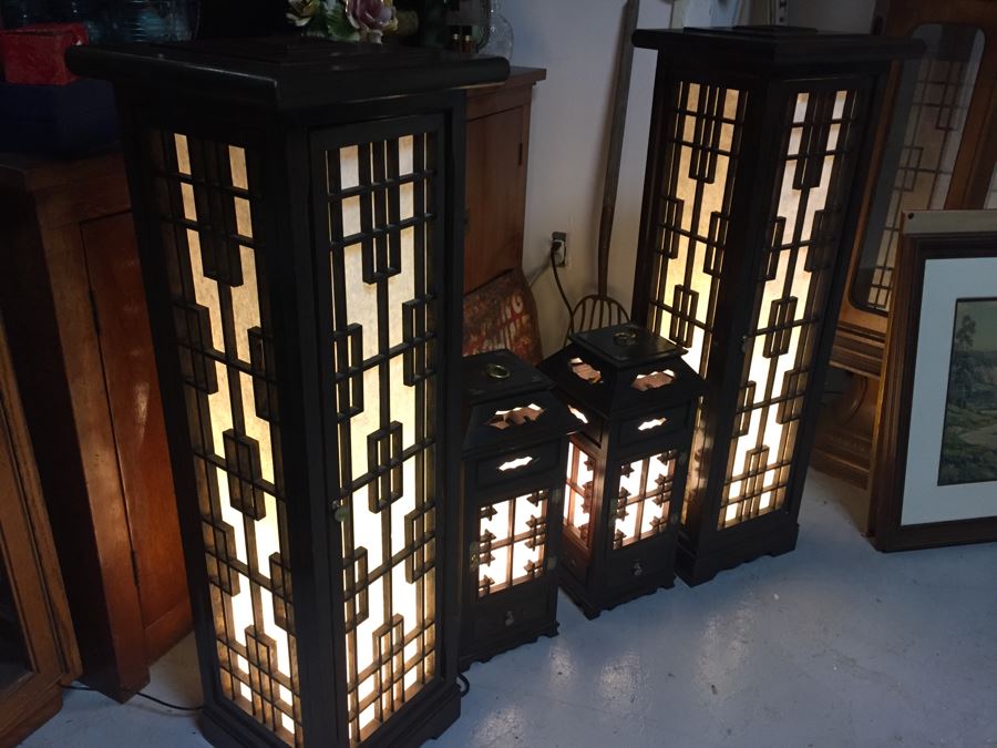 Nice Set Of 4 Korean Wooden Lamps Lanterns With Rice Paper Lattice Pattern [Photo 17]