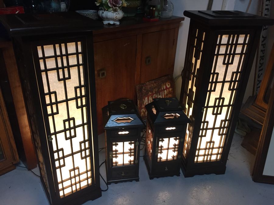 Nice Set Of 4 Korean Wooden Lamps Lanterns With Rice Paper Lattice Pattern [Photo 3]