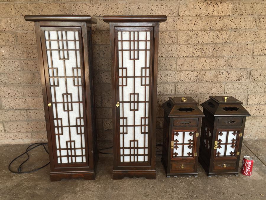 Nice Set Of 4 Korean Wooden Lamps Lanterns With Rice Paper Lattice Pattern [Photo 4]