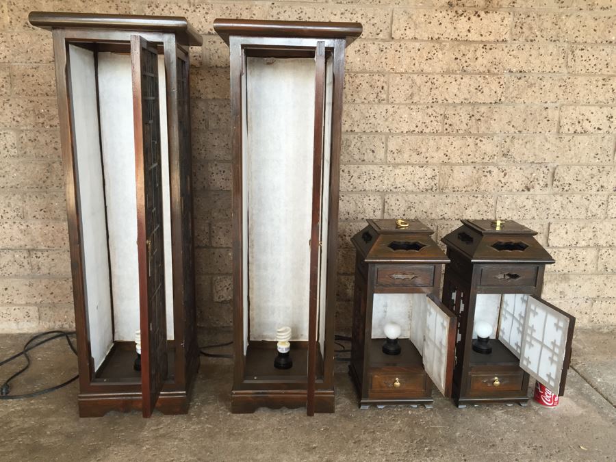 Nice Set Of 4 Korean Wooden Lamps Lanterns With Rice Paper Lattice Pattern [Photo 2]