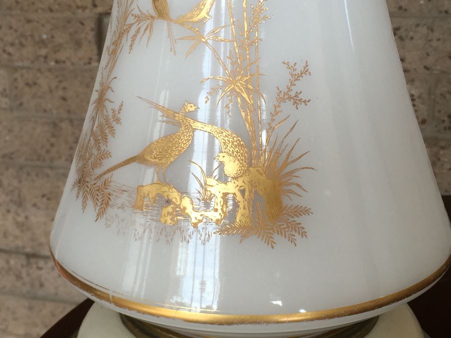 Pair Of White Milk Glass Lamps With Gold Bird And Plant Motif On Painted Wooden Base [Photo 11]