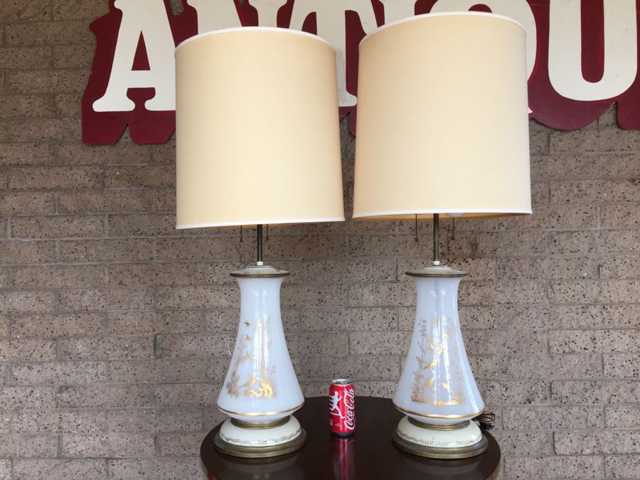 Pair Of White Milk Glass Lamps With Gold Bird And Plant Motif On Painted Wooden Base