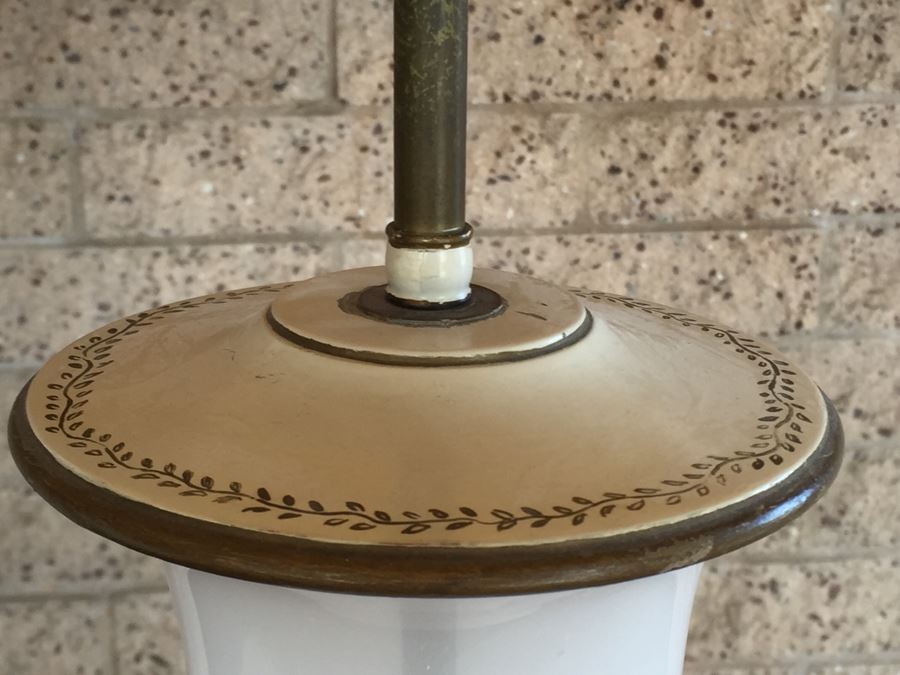 Pair Of White Milk Glass Lamps With Gold Bird And Plant Motif On Painted Wooden Base [Photo 10]