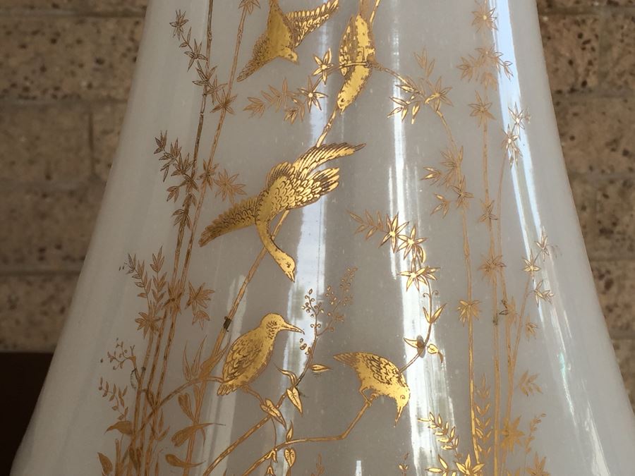 Pair Of White Milk Glass Lamps With Gold Bird And Plant Motif On Painted Wooden Base [Photo 7]