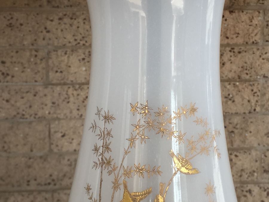 Pair Of White Milk Glass Lamps With Gold Bird And Plant Motif On Painted Wooden Base [Photo 9]