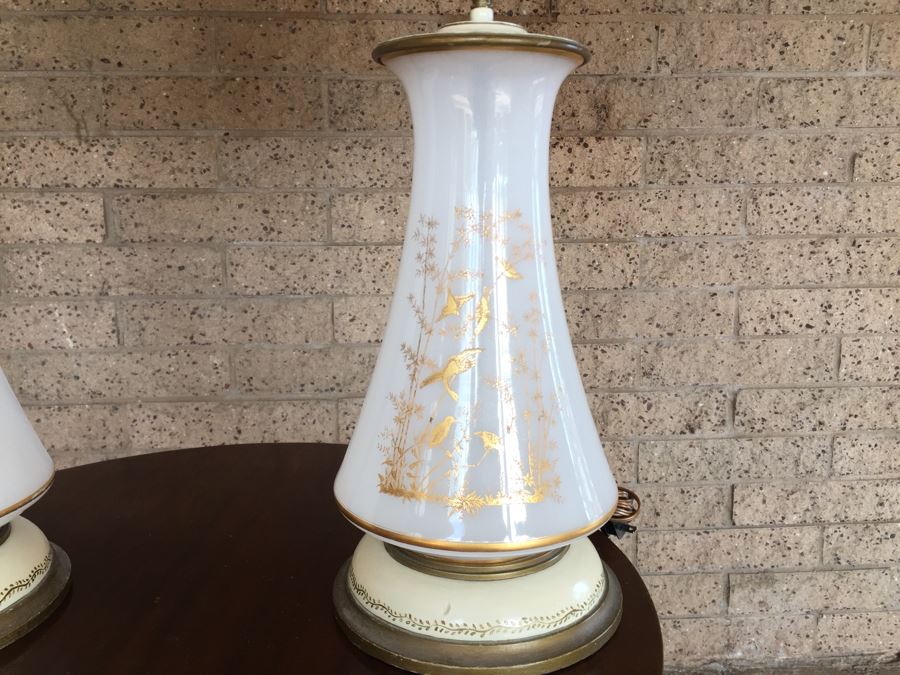 Pair Of White Milk Glass Lamps With Gold Bird And Plant Motif On Painted Wooden Base [Photo 3]